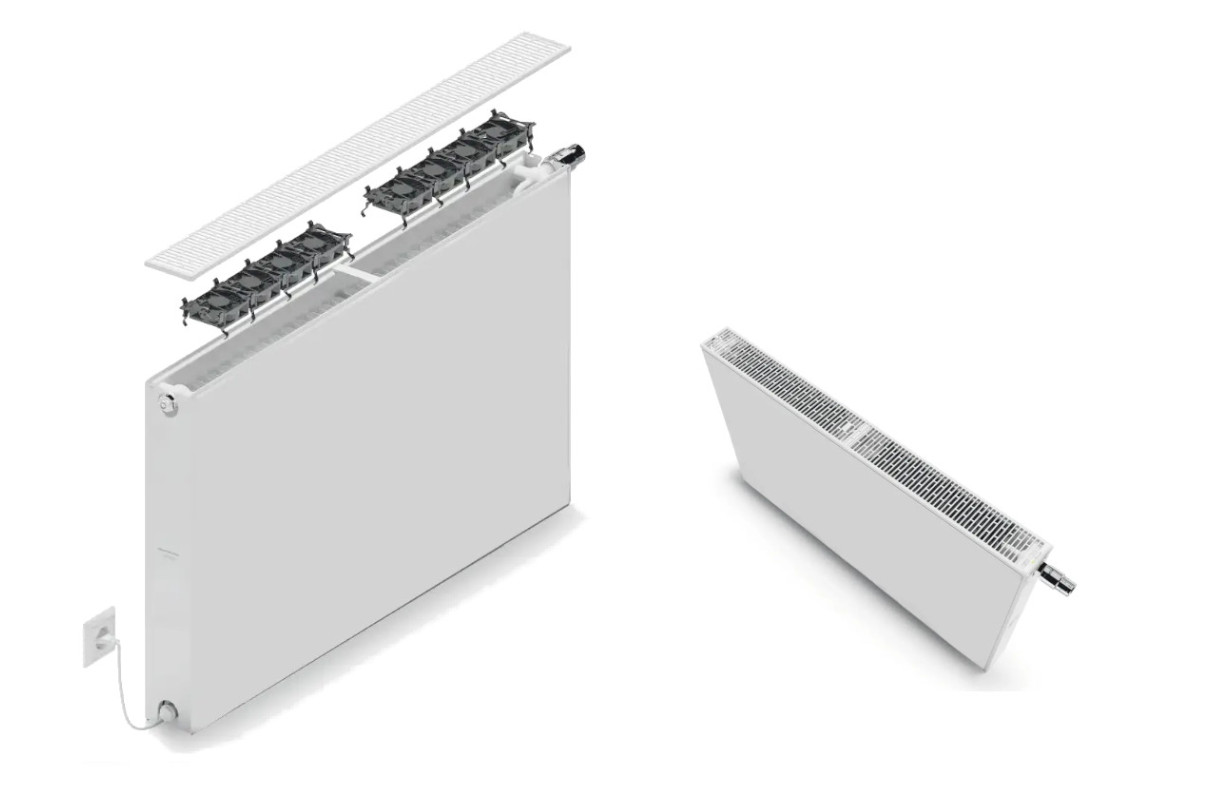Weißer Flachheizkörper mit geripptem Design, montiert an der Wand, mit einem Ventil an der linken Seite und einer Heizrohröffnung an der rechten Seite.