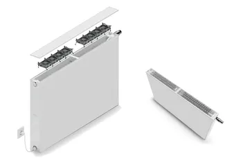 Weißer Flachheizkörper mit geripptem Design, montiert an der Wand, mit einem Ventil an der linken Seite und einer Heizrohröffnung an der rechten Seite.
