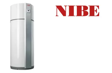 Logo der Marke NIBE in roter Schrift mit einem symbolischen Design über dem Schriftzug.