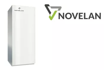 Logo von Novelan, das ein stilisiertes dreieckiges Design in Grau und Grün zeigt, begleitet von dem Schriftzug "NOVELAN" in dunkler Schrift.