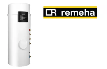 Logo der Marke Remeha in Schwarz, Weiß und Gelb, mit klaren Linien und modernem Schriftzug.