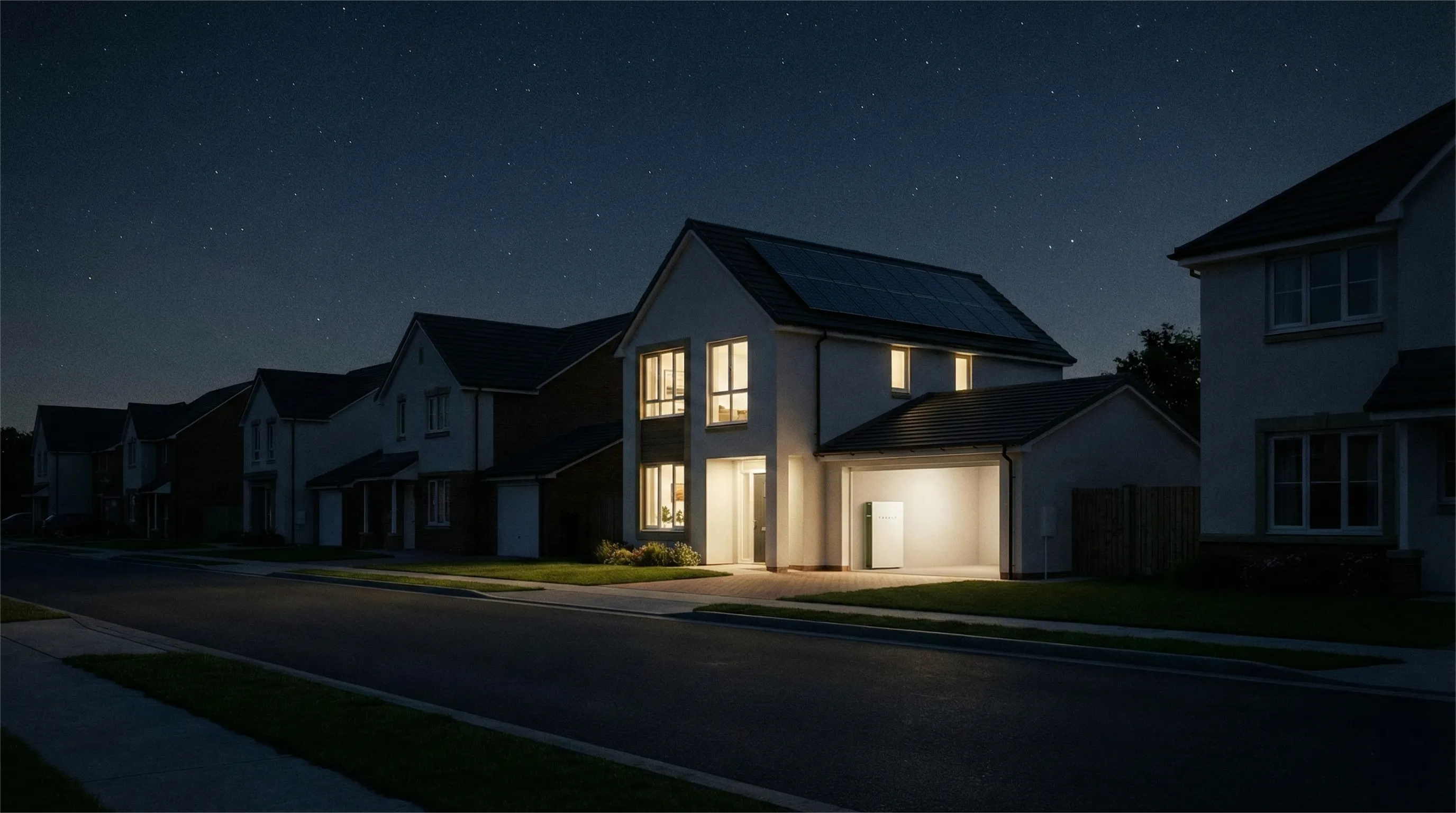 Einfamilienhaus mit Photovoltaikanlage und Batteriespeicher bei Stromausfall
