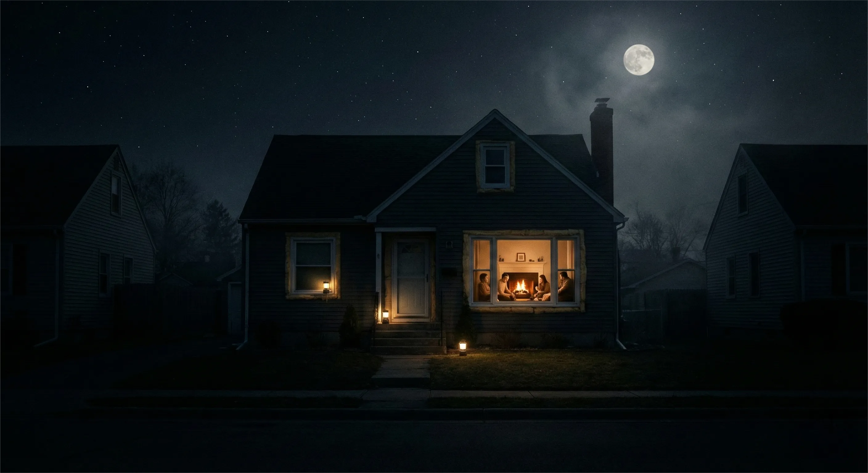 Ein Haus im völligen Blackout. Von außen ist lediglich leichter Kerzenschein zu erkennen