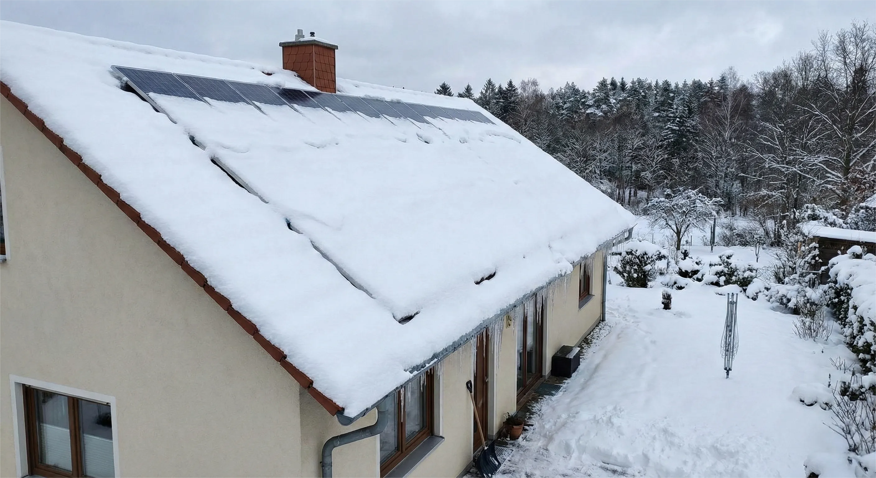 Ein Haus, das Hausdach mit PV-Modulen, die von starkem Schneefall begraben sind