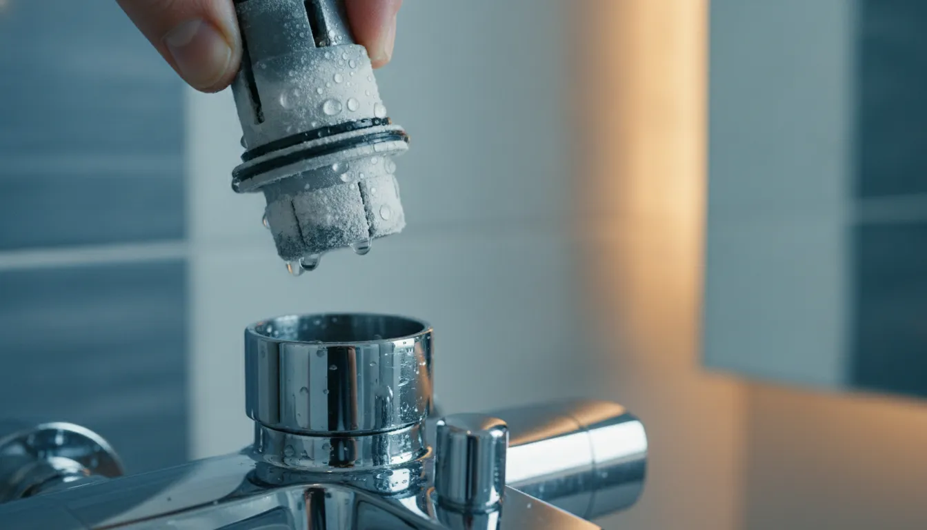 Verkalkte Thermostatkartusche über geöffneter Duscharmatur in Makroaufnahme
