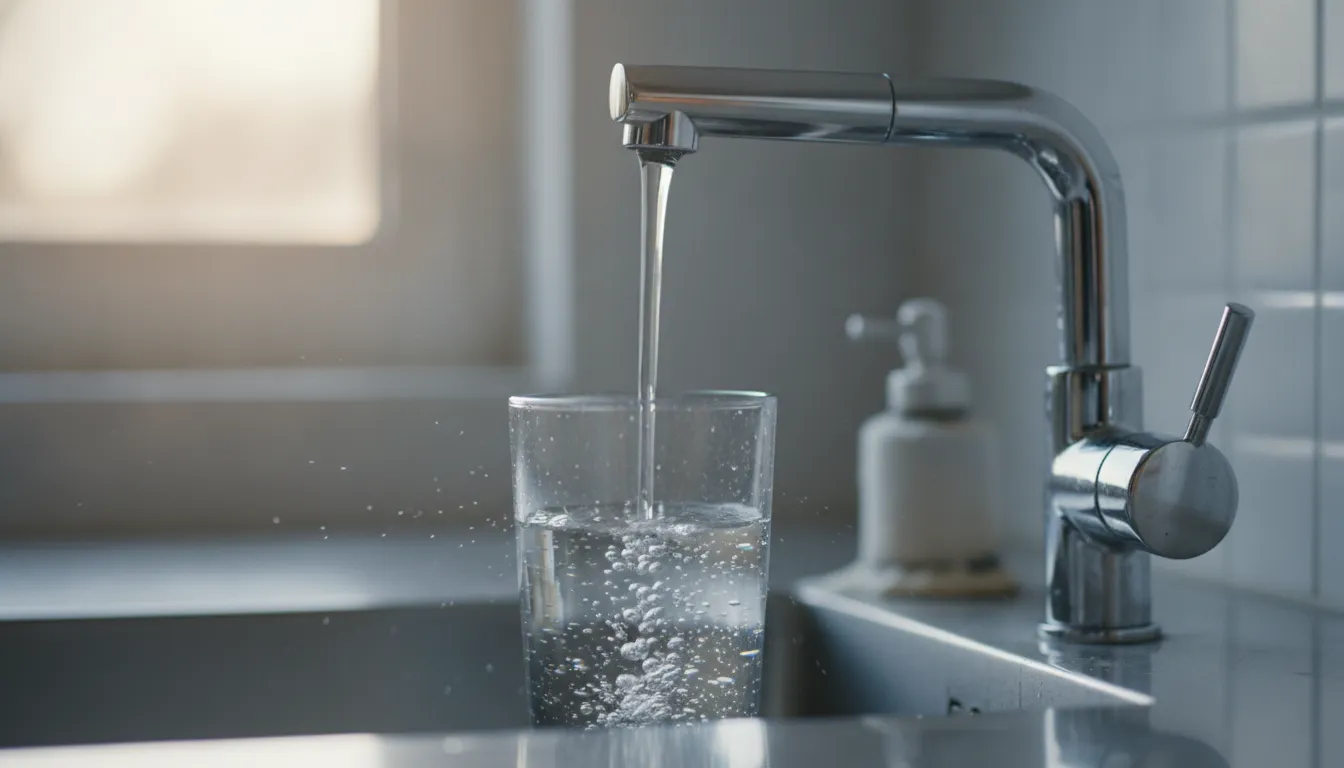 Nahaufnahme von klarem Wasser aus einem Chromhahn mit verkalkter Armatur im Hintergrund