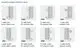 Illustration verschiedener Ausführungen von Elektro-Heizkörpern (FKS, WWS, WRS, WRX), jeweils in Varianten weiß/links, chrom-silber/links, weiß/rechts, schwarz/links und schwarz/rechts.