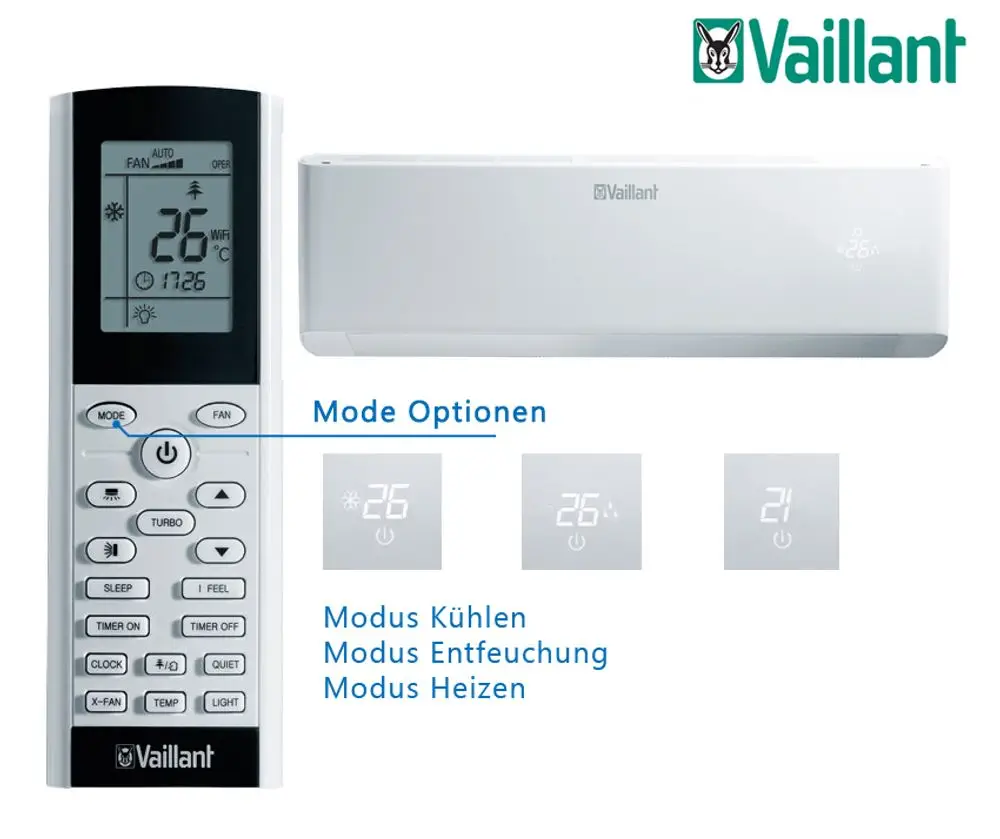 Fernbedienung von Vaillant für eine Klimaanlage mit digitalen Anzeigen für Temperatur und Modus, einschließlich Kühlung, Entfeuchtung und Heizen.