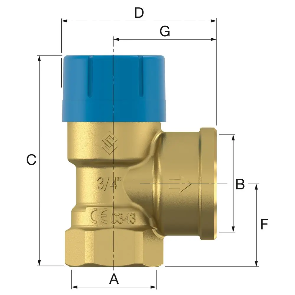 Sicherheitsventil von Flamco in goldfarbenem Material, mit einem blauen Deckel, zur Verbindung von Flüssigkeitsleitungen, mit angeschlossener Gewindeöffnung.