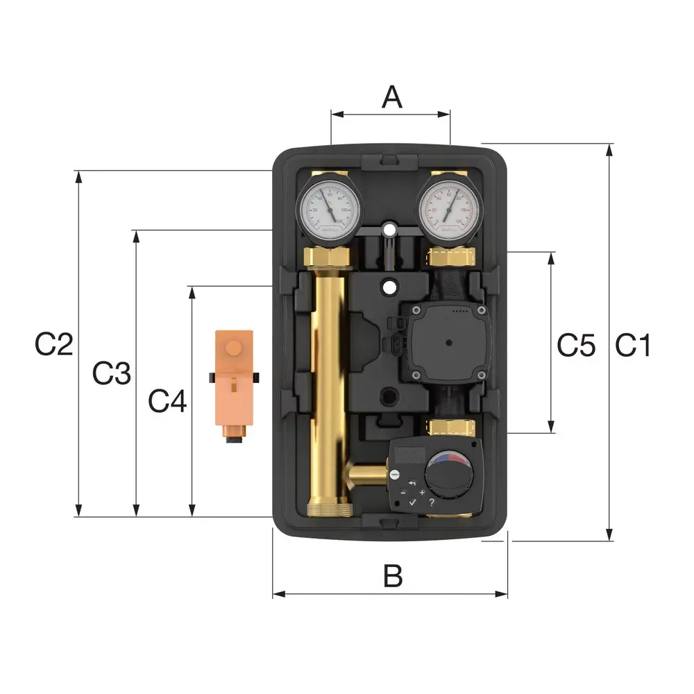 Flamco Hydraulikmodul mit Druckanzeigen, Regelventilen und Anschlussstücken in einem kompakten Gehäuse, zur Verwendung in Heizungs- oder Kühlsystemen.