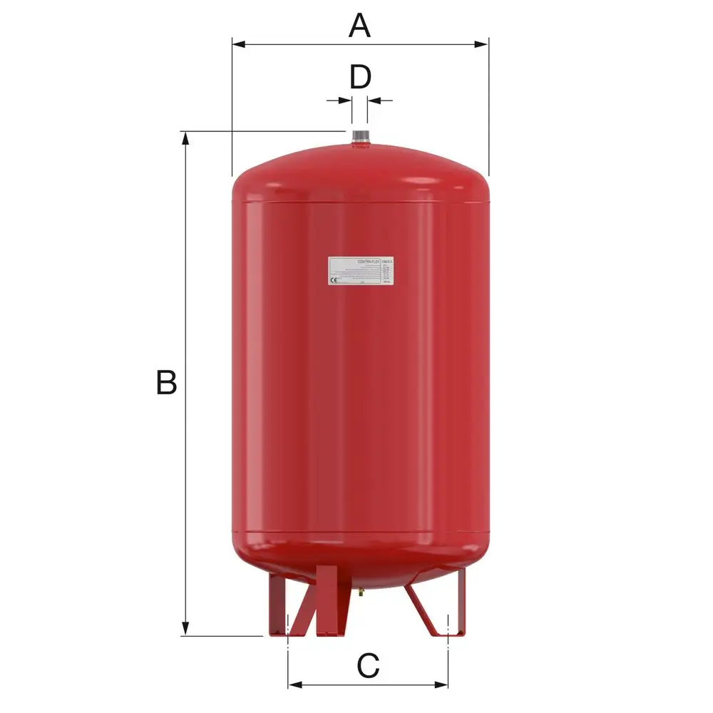 Rotes Ausdehnungsgefäß von Flamco mit ovaler Form, einer Befestigungsbasis und einem Ventil an der Oberseite, geeignet für Heizungsanlagen.
