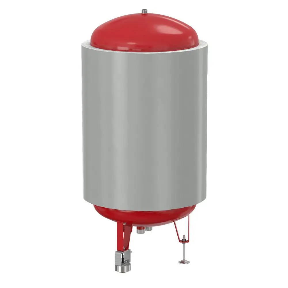 Rot-grauer, zylindrischer Wassertank von Flamco, mit einem oberen runden Deckel. Am unteren Ende befinden sich Anschlüsse zur Fluidzufuhr und -abfuhr.