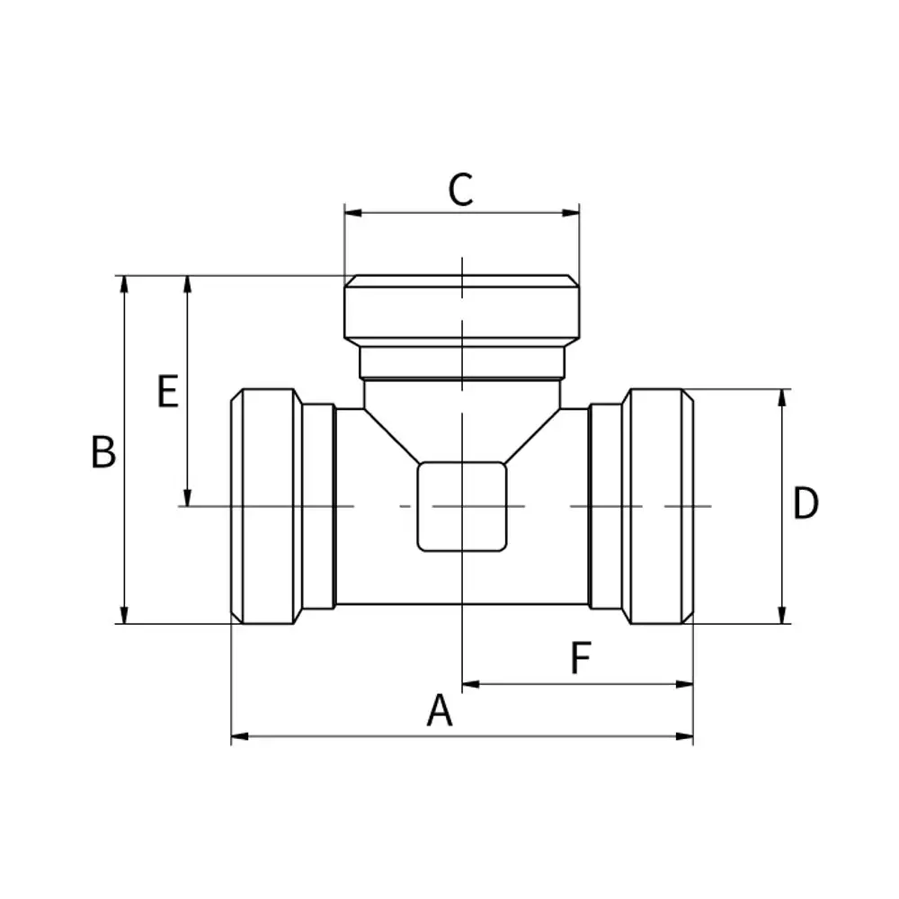 Kupplungs-T-Stück von Flamco, schematische Darstellung mit verschiedenen Maßen für Anschlüsse und Durchmesser, zur Verwendung in Rohrleitungssystemen.
