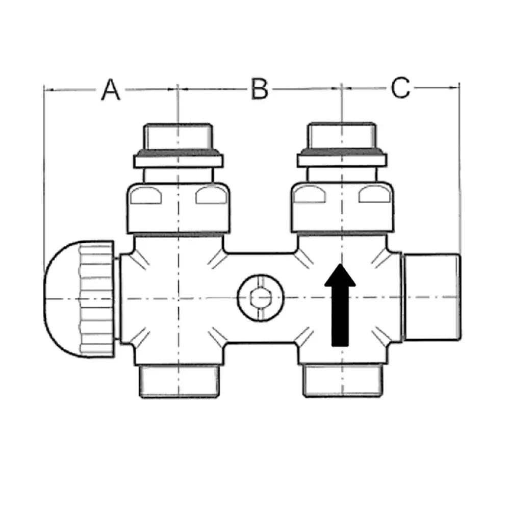 Design-Ventilhahnblock von Flamco in einfacher Ausführung mit drei Anschlussmöglichkeiten, symbolisiert durch Pfeile, dient zur Steuerung von Flüssigkeitsströmen.