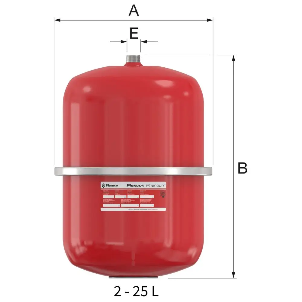 Rotes Ausdehnungsgefäß von Flamco mit runder Form und oberem Anschluss. Mit beschriftetem Typenschild und stabilisierendem Band in der Mitte.