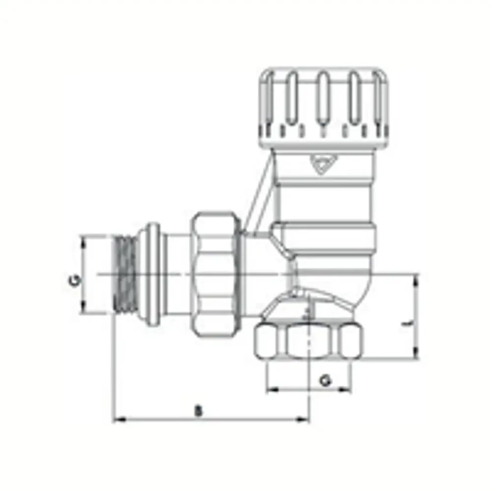 Thermostatventil in Eckform von Flamco, mit Anschlussgewinde und Verstellmechanismus, zur Regelung von Heizungsanlagen. Technische Zeichnung mit Dimensionen.