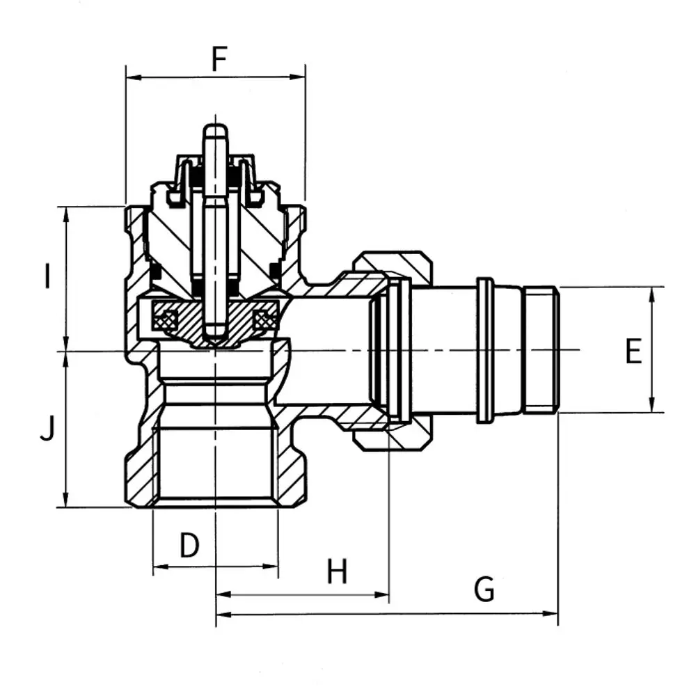 Thermostatventil von Flamco mit seitlichem Anschluss, dargestellten Maßen und einer detaillierten Schnittansicht. Verwendet zur Regelung der Heizungswasserzirkulation.