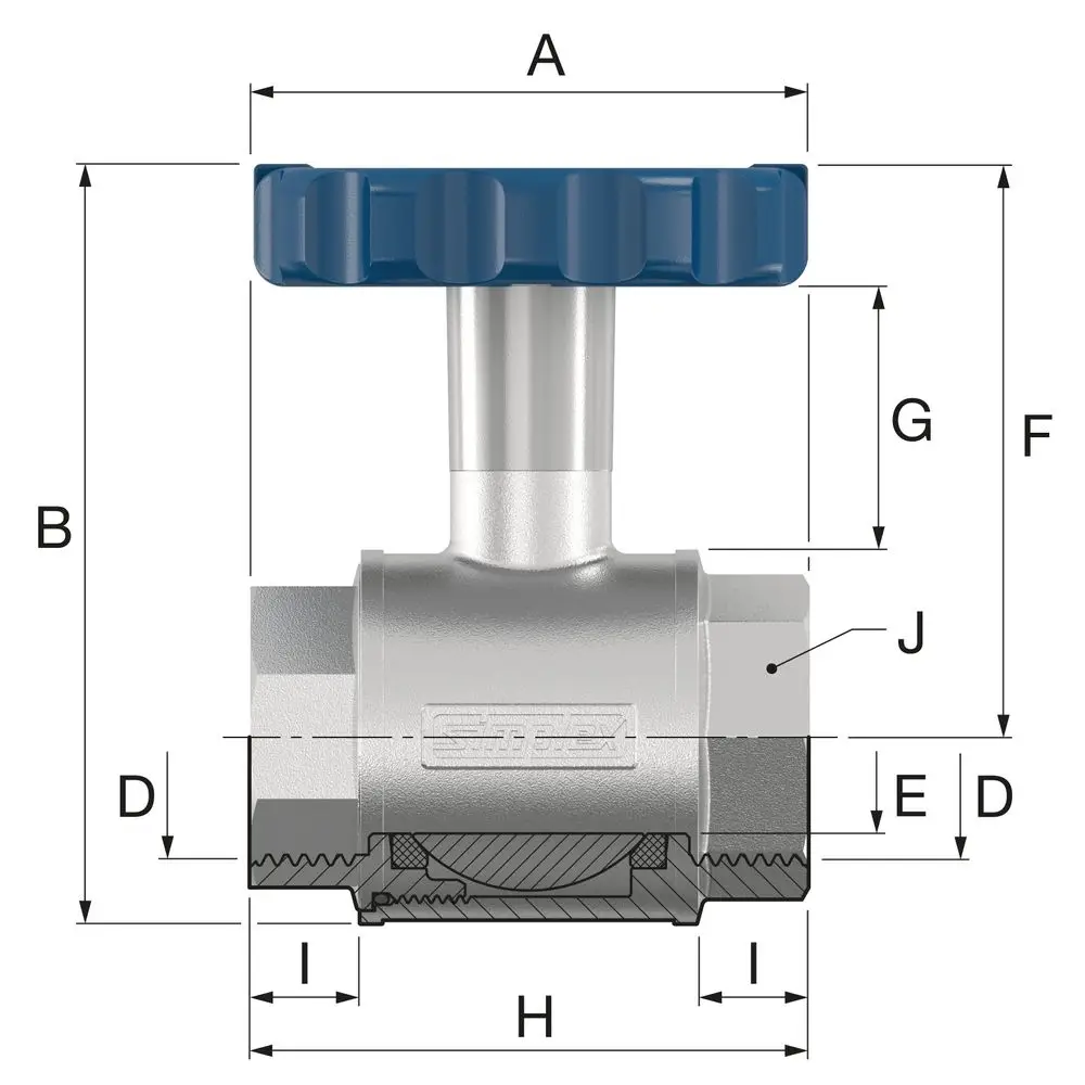 Kugelhahn mit Thermometergriff in Blau, hergestellt von Flamco. Sichtbare Details zur Bauform und Struktur des Produktes sind im Bild abgebildet.
