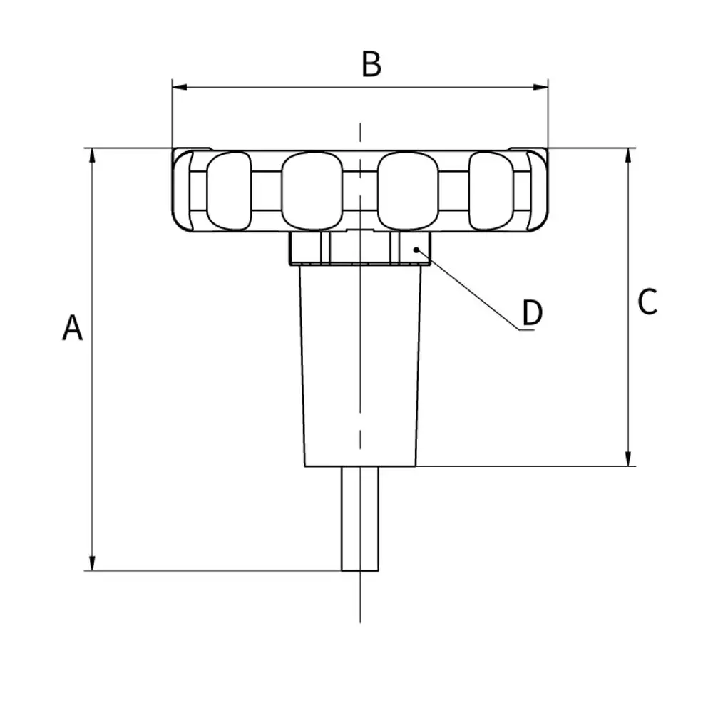 Thermometergriff mit langer Ausführung, rot, mit Verbindungselement. Produktdetails von Flamco deutlich dargestellt. Technische Zeichnung mit Maßangaben.