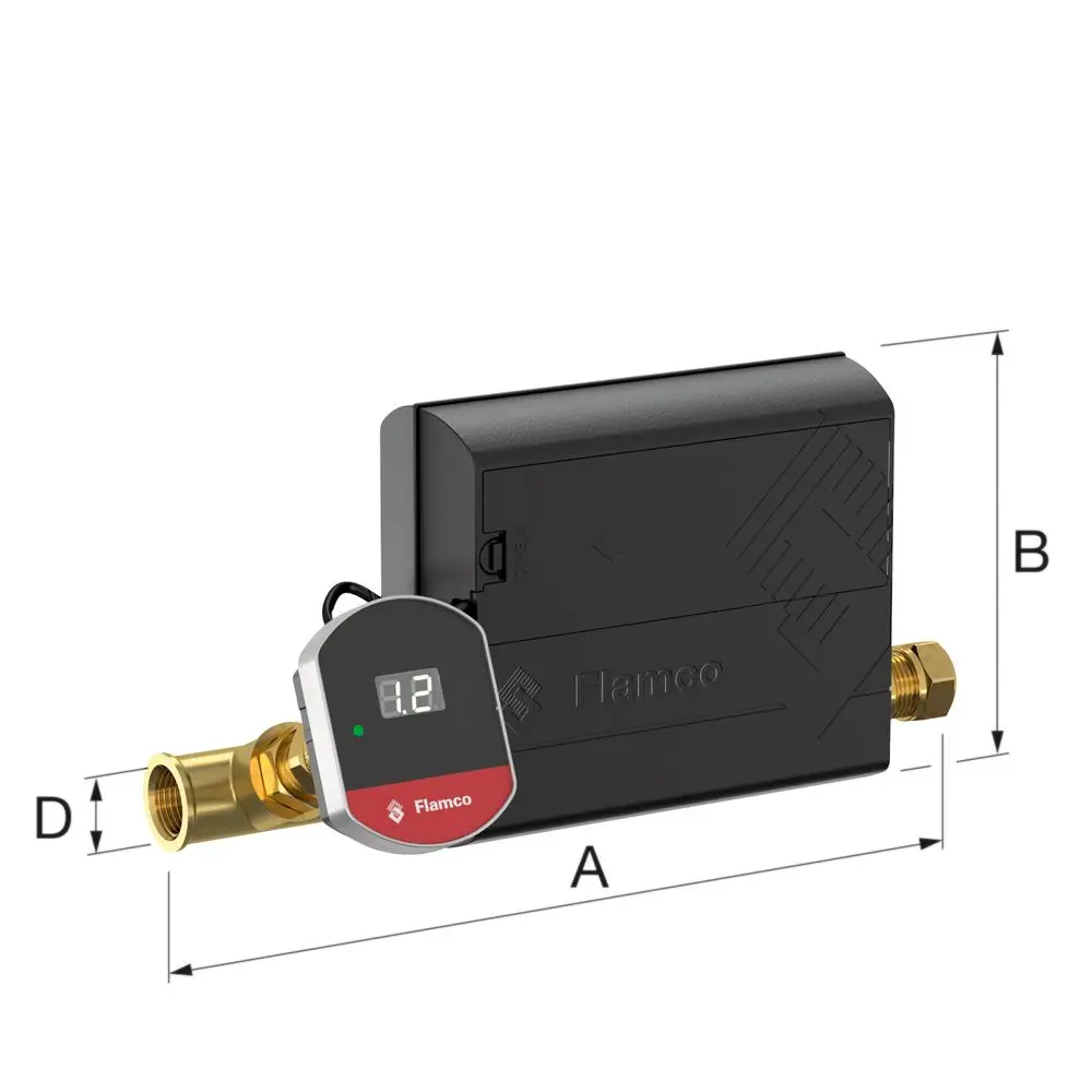 Flamco Druckhalteassistent mit digitalem Sensor und App, abgebildet in einer kompakten Bauform mit zwei wasserführenden Anschlüssen.