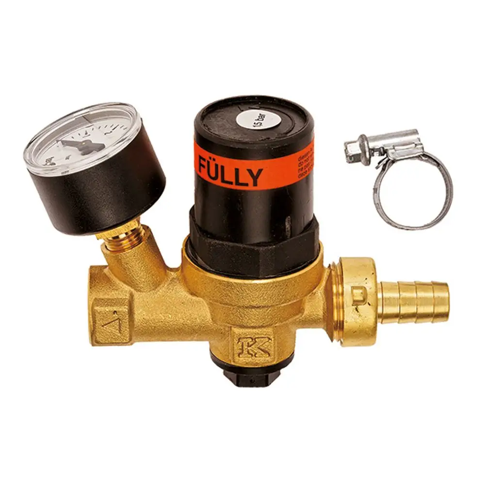 Automatischer Füllhelfer von Flamco zur Regelung des Drucks mit Manometer und Anschluss für Wasserleitungen. Ausstattung mit Rückschlagventil.
