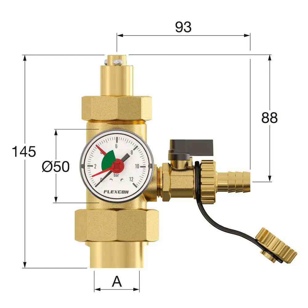 Anschlussgruppe mit Manometer und Absperrventil von Flamco. Die Anzeige zeigt den Druck an, und die Konstruktion besteht aus Messing.