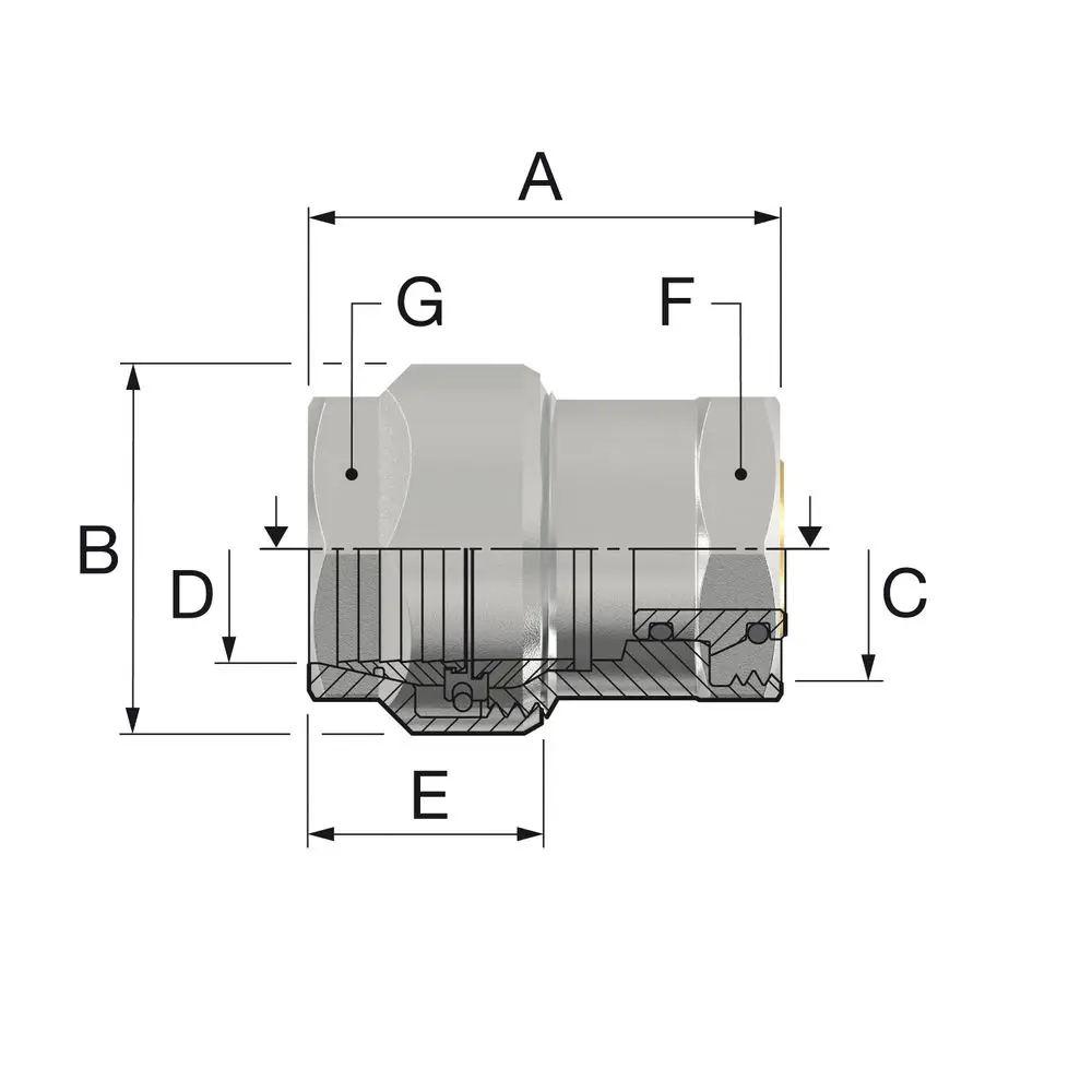 Schwarzrohradapter von Flamco, mit zwei Anschlussgewinden und einer durchgehenden Bauform. Schnittansicht zeigt interne Struktur und Dimensionen.