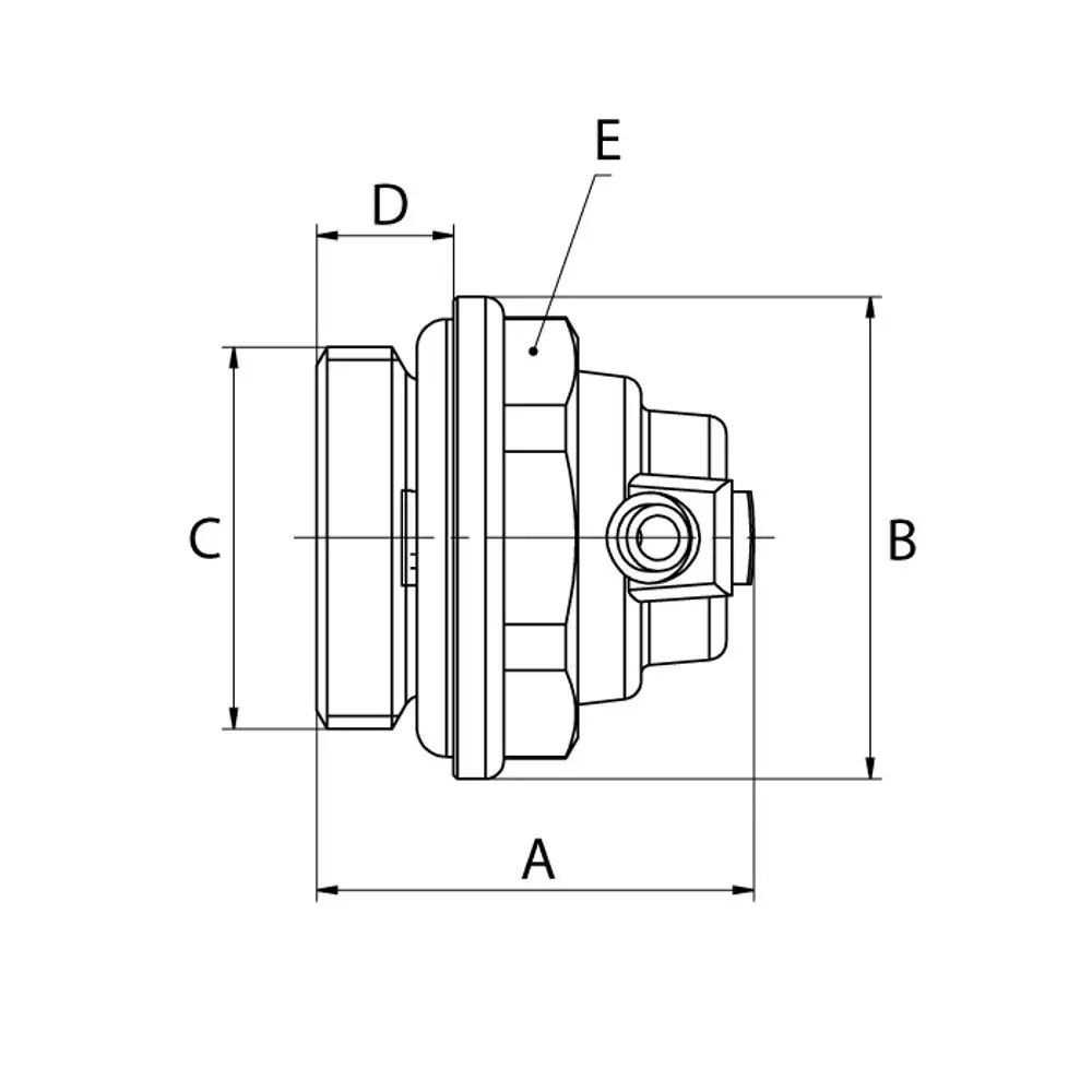 Luftstopfen von Flamco mit einem schwenkbaren Metallauslass. Schematische Darstellung mit Maßangaben und Anschlussdetails.