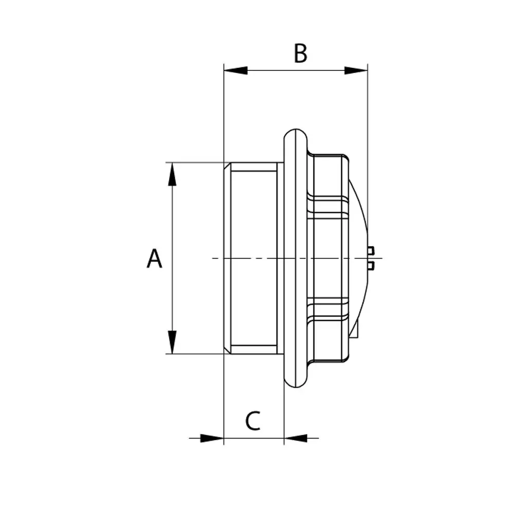 Technisches Zeichnungsdiagramm eines Luftstopfens von Flamco, seitliche Ansicht mit Maßangaben für A, B und C.