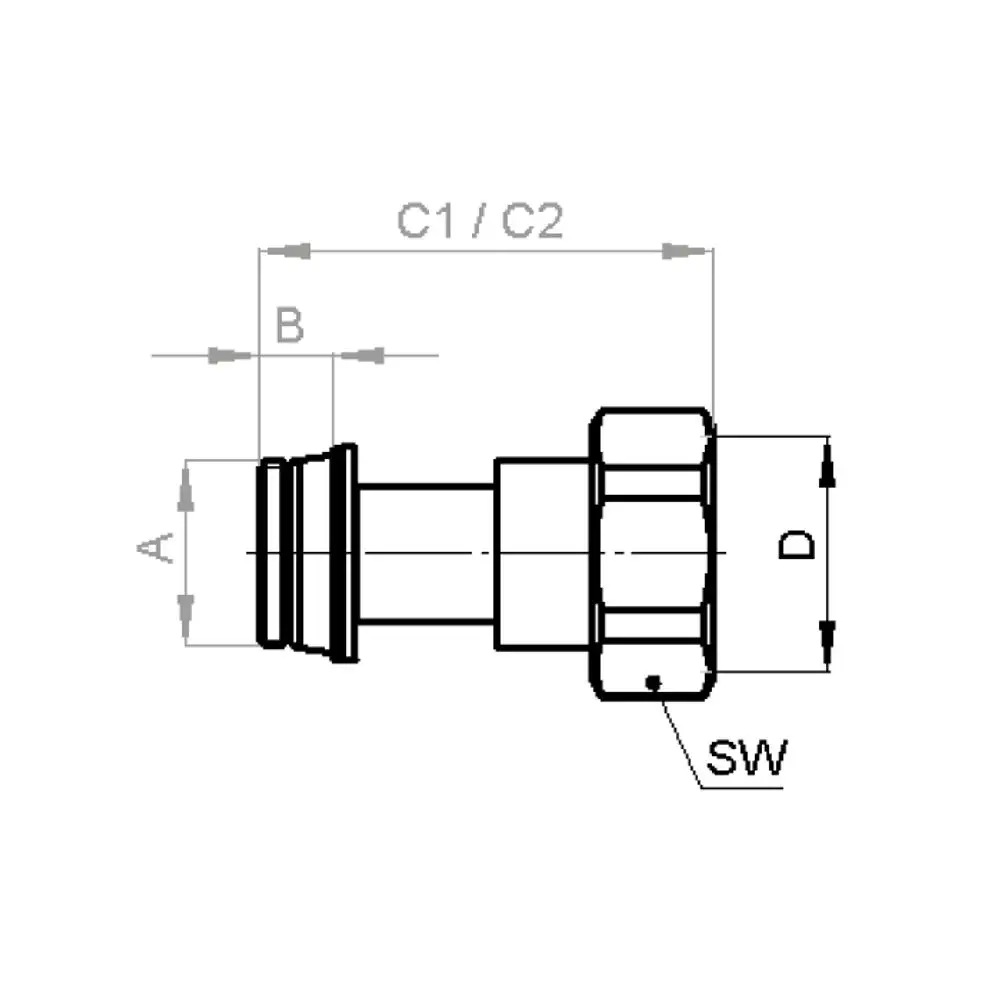 Flamco Ausgleichstülle mit Gewinden für G1/2a und G3/4i. Darstellung der Maße und der Konstruktion in technischer Zeichnung.