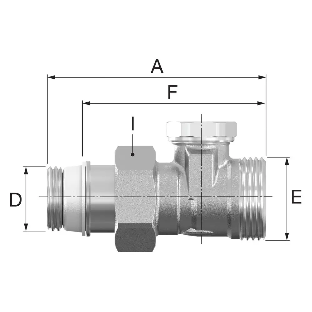 Flamco Armatur mit verschiedenen Anschlüssen und Maßen. Das Bild zeigt eine metallene Verbindungskomponente, die für Rohrleitungssysteme verwendet wird.