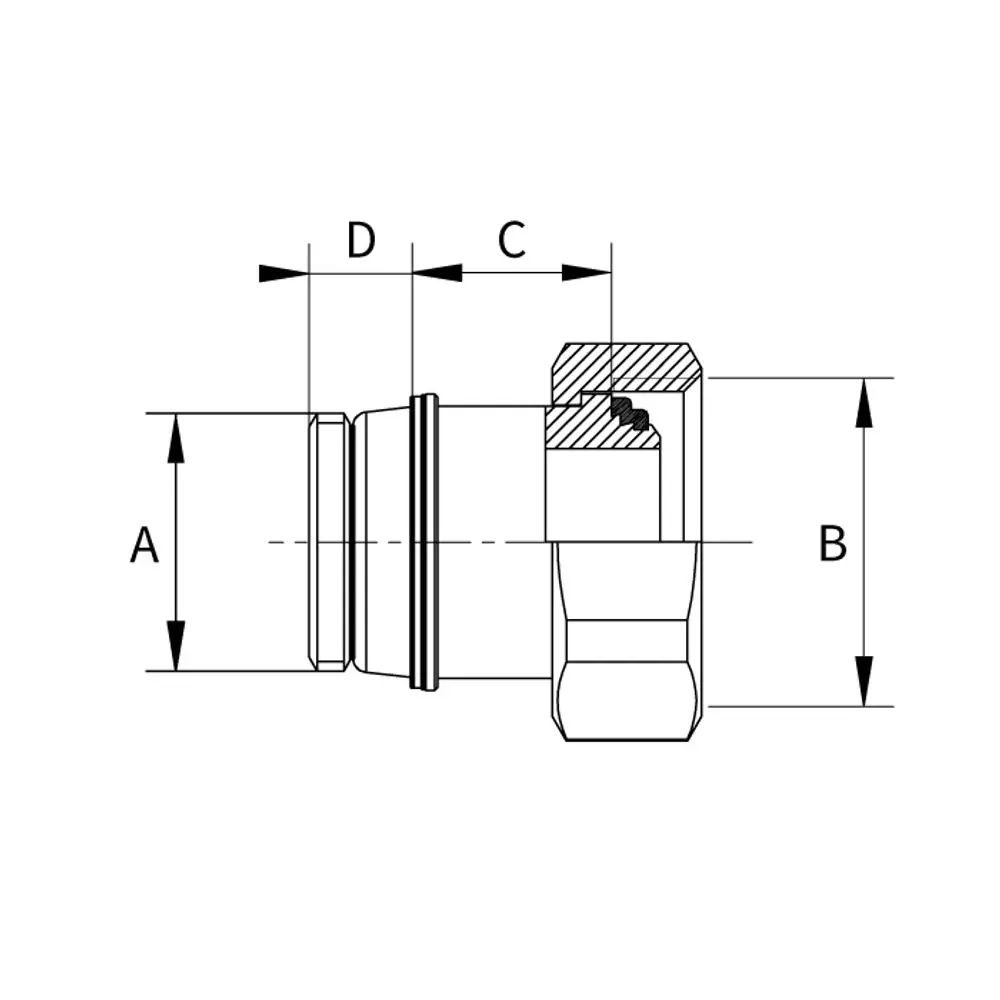 Verschraubung von Flamco in einer technischen Zeichnung, mit sichtbaren Dimensionen und Details zur Konstruktion. Die Verbindung weist eine G1/2a und G3/4i Ausführung auf.