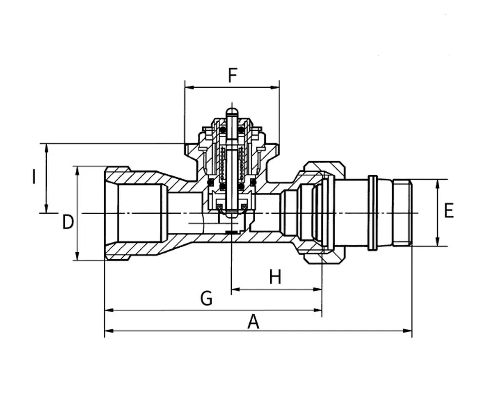Thermostatventil mit Durchgangsöffnung, dargestellt in technischer Zeichnung. Hersteller Flamco, zeigt Schnittansicht und Abmessungen des Ventils.