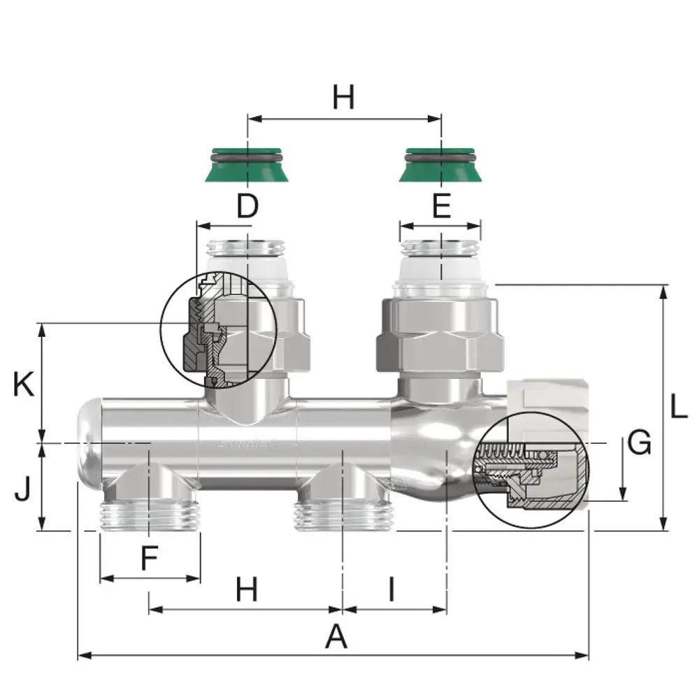 Flamco Design-Ventilarm mit mehreren Anschlussmöglichkeiten, sichtbar am Diagramm, einschließlich Schnittansichten zur technischen Darstellung der Funktionsweise.