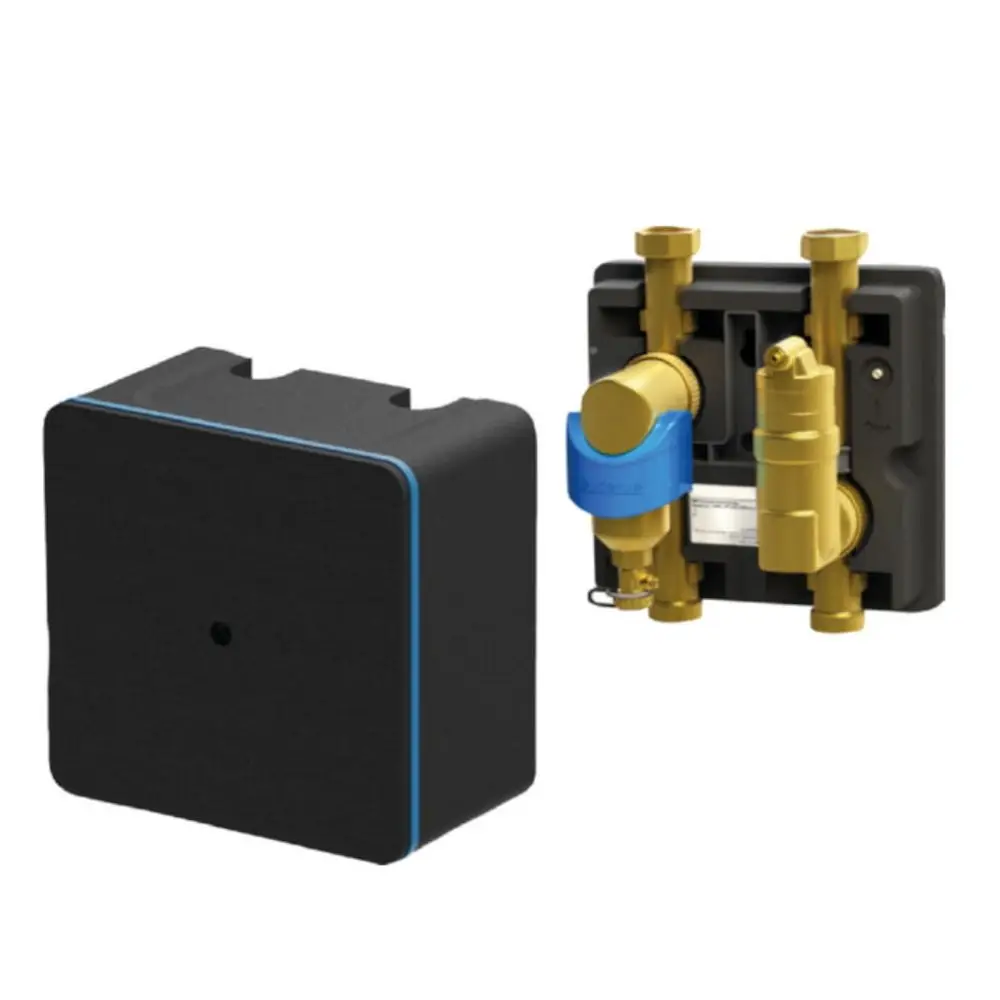 Magnetit-, Schlamm- und Luftabscheidergruppe von Buderus, bestehend aus einem Gehäuse und einer separaten Anschlussgruppe mit Ventilen zur fluidtechnischen Anwendung.