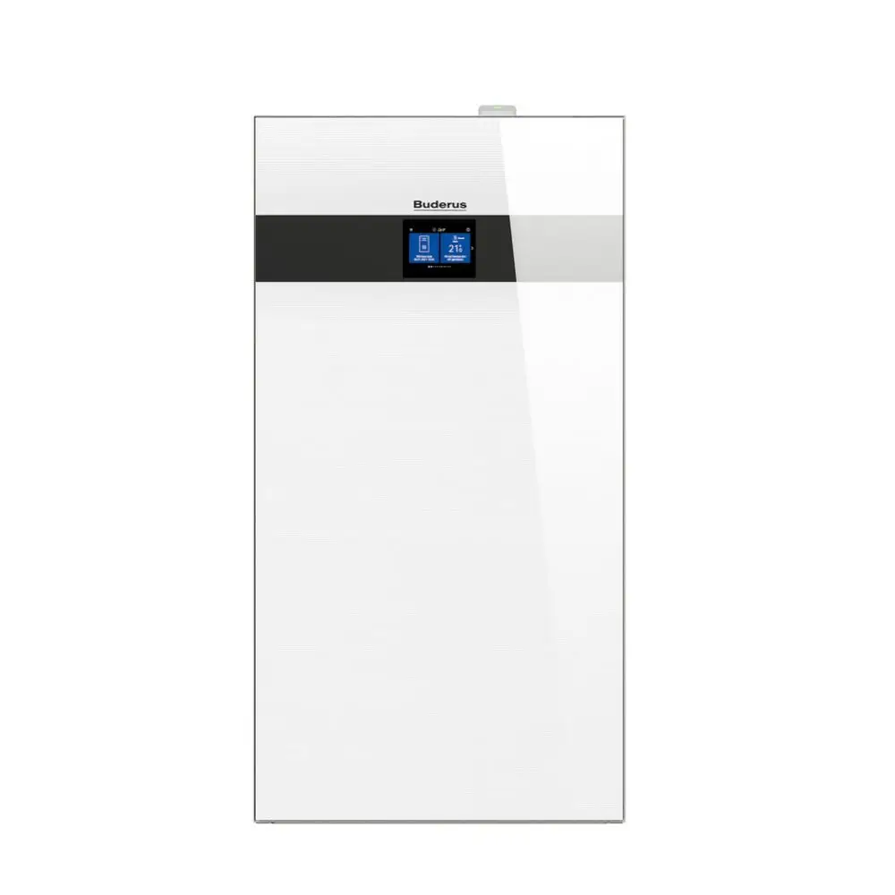 Weißes Buderus-Gerät mit integriertem Pufferspeicher und digitalem Display, das zentrale Komponenten für Heizsysteme kombiniert.