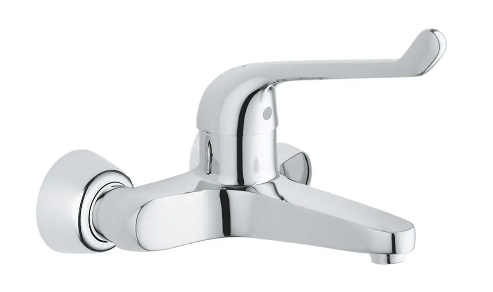 Grohe Waschtisch-Einhebelmischer mit einem langen Arm, in Chrom, für die Wandmontage, ausgestattet mit einem einfachen Hebel zur Temperatur- und Wassermengenregulierung.