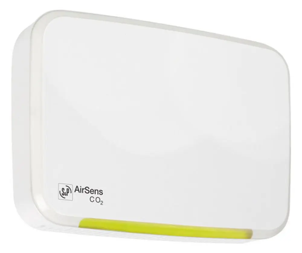 Weißes Luftqualitätsmessgerät von Pluggit mit einer LED-Anzeige zur CO2-Messung. Es hat eine rechteckige Form und eine glatte Oberfläche.