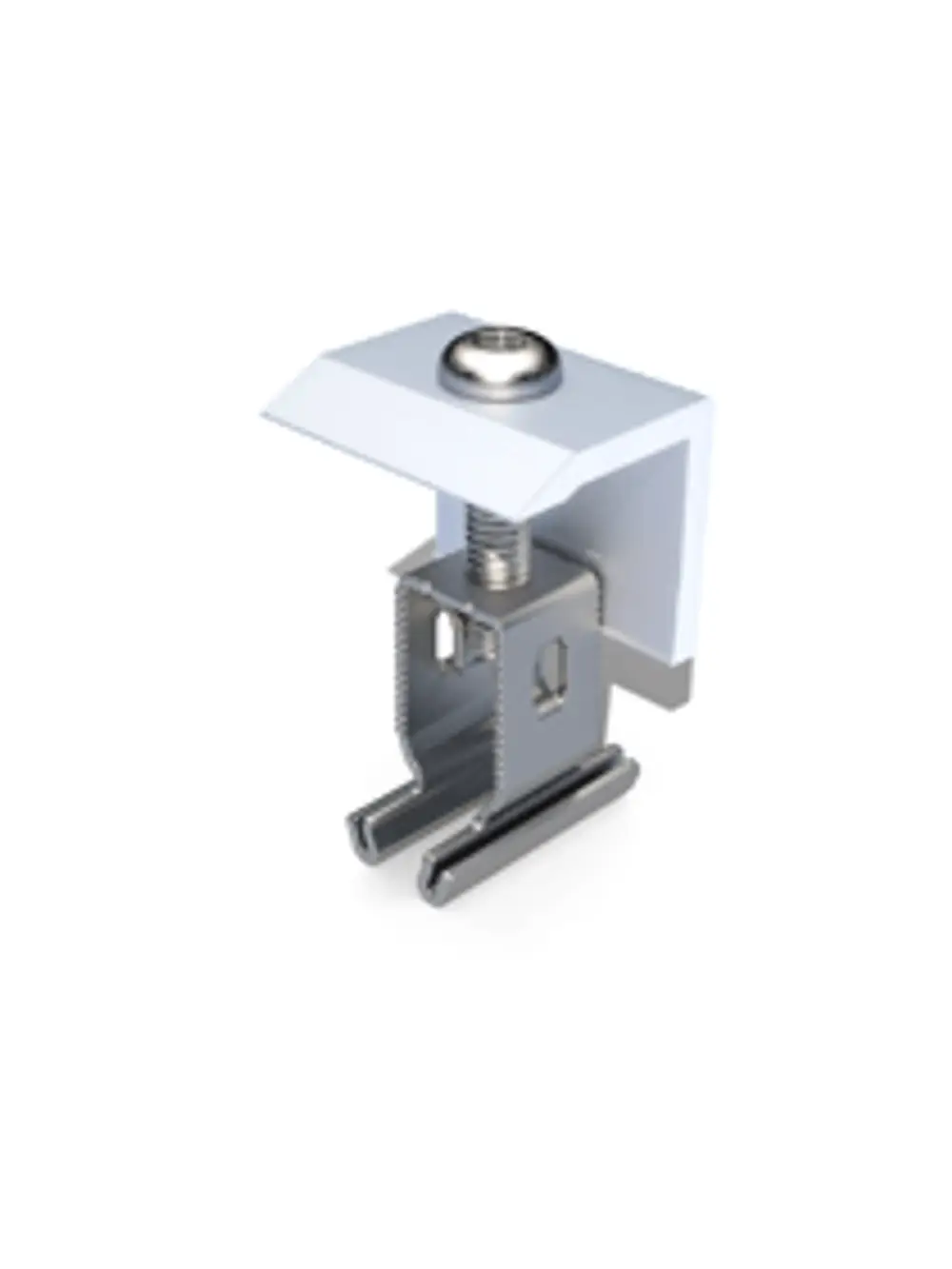 Endklemme aus Metall mit quadratischer Oberseite und Gewinde, entworfen von Renusol zur sicheren Befestigung in elektrischen Anwendungen.