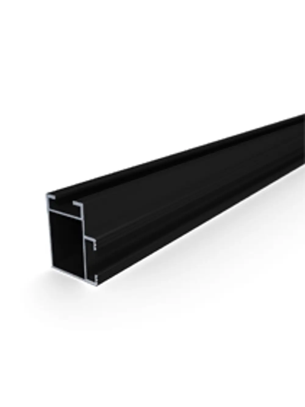 Schwarze Montageschiene aus Aluminium mit rechteckigem Querschnitt, geeignet für die Installation von Solarsystemen. Produkt von Renusol.