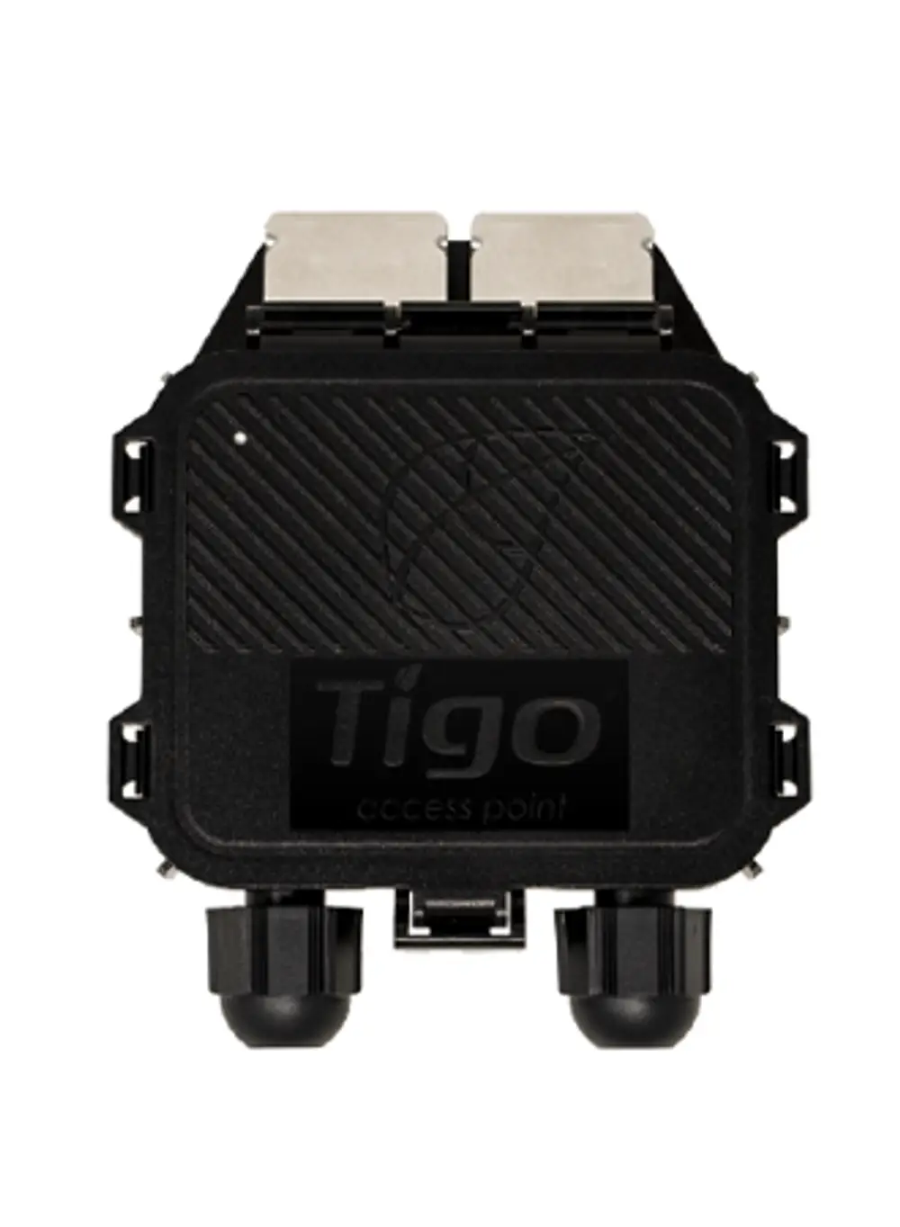 Schwarzer Zugangspunkt von Tigo mit zwei Anschlussöffnungen unten sowie einem befestigten Abdeckmechanismus oben. Das Gehäuse zeigt eine strukturierte Oberfläche.