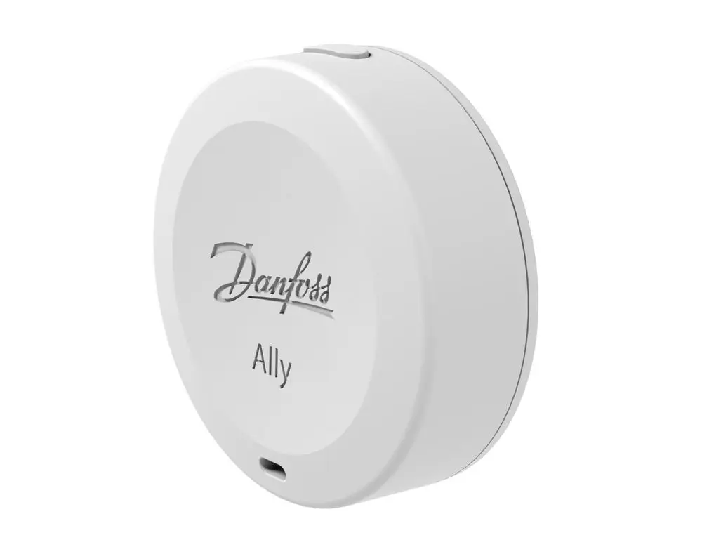 Runder, weißer Raum-Sensor von Danfoss, ausgestattet mit einem Anschluss, zur Verwendung in Kombination mit Danfoss Thermostaten.