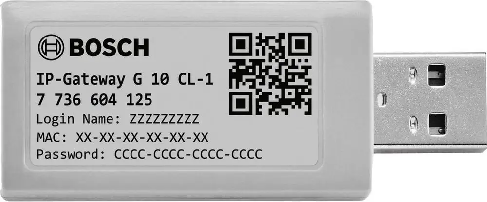 USB-Gateway von Bosch mit Produkteninformationen, einschließlich Login-Name, MAC-Adresse und Passwort, dargestellt auf einem silbernen Gehäuse mit QR-Code.