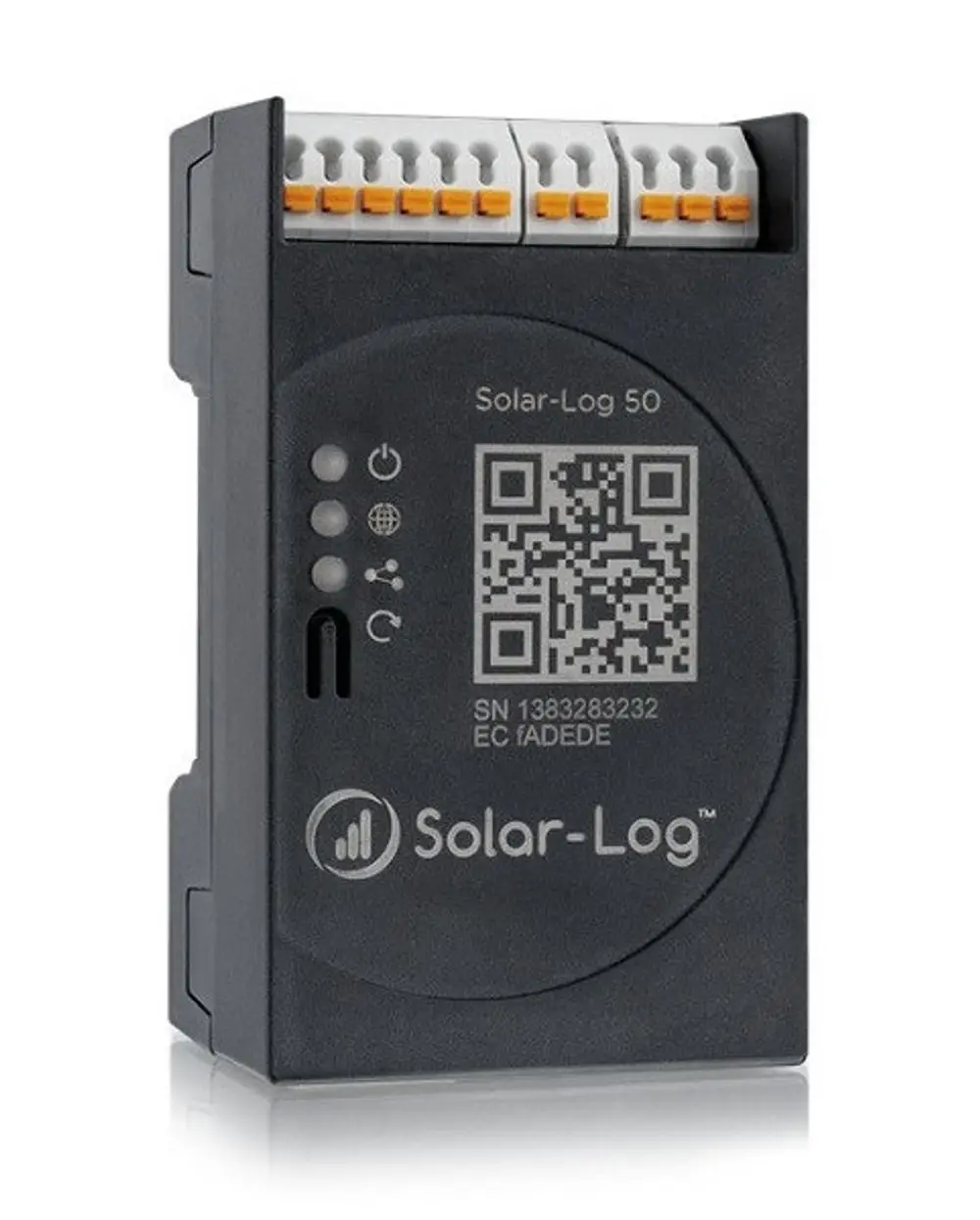 Datenlogger von Solar-Log mit mehreren Anschlussklemmen, QR-Code und Kontrollleuchten auf der Vorderseite, kompakte Bauform in dunkler Farbe.