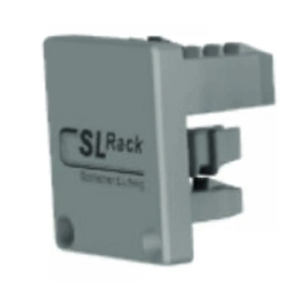 Graue Endkappe für ein Racksystem von SL Rack, designed für die Verwendung an einer 35mm Schiene.