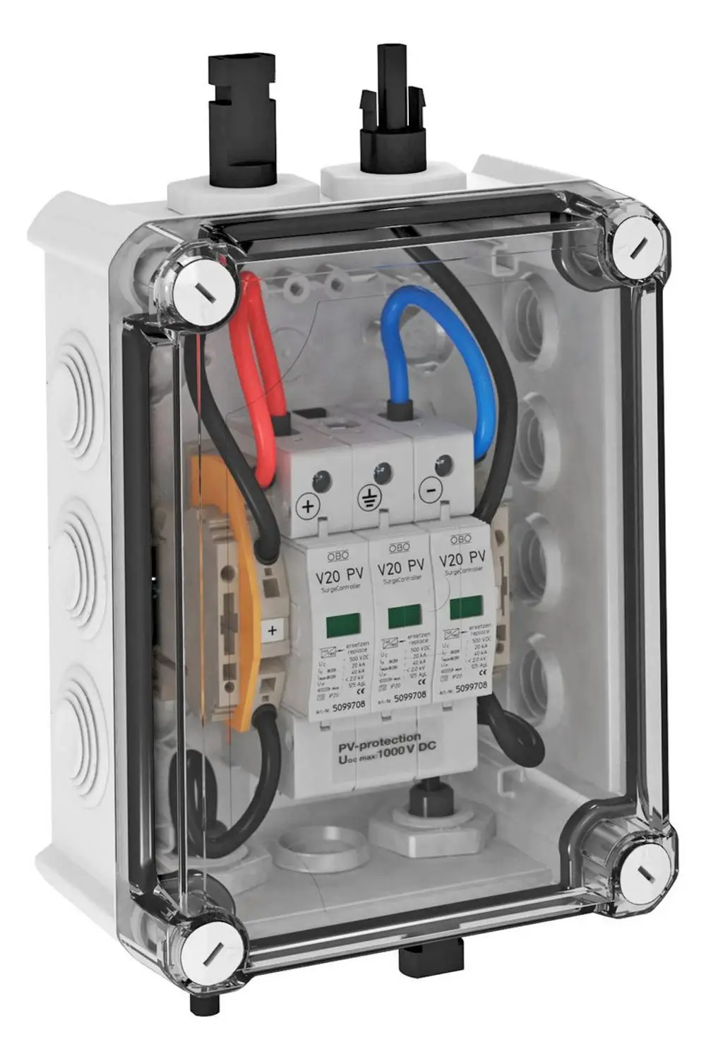 Generatoranschlusskasten mit transparentem Deckel, darin PV-Überspannungsschutz, schwarze Kabel, rote und blaue Adern. OBO Bettermann V20 PV SurgeController.