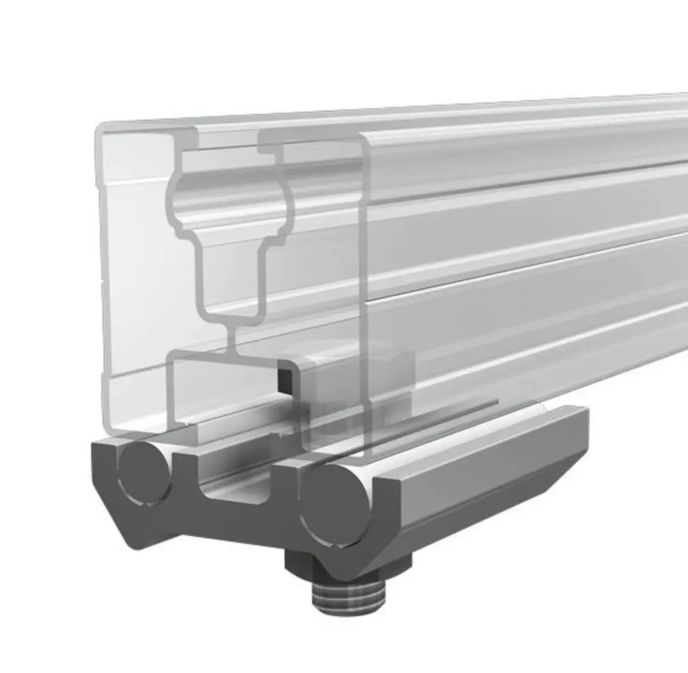 Aluminiumprofil von SL Rack, durchscheinend, mit detaillierter Schnittdarstellung und Anschlusspunkten für Montage, geeignet für verschiedene Anwendungen.