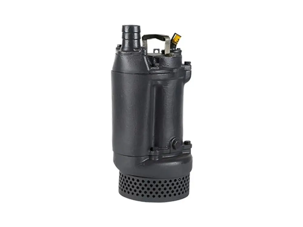 Grundfos Tauchmotorpumpe in schwarzer Ausführung mit einem zylindrischen Gehäuse und einer perforierten Unterseite zur Wasseraufnahme.