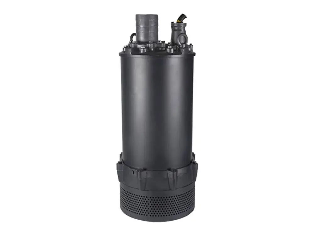 Tauchmotorpumpe von Grundfos in schwarzer Ausführung, zylindrische Form mit Anschlüssen oben und unten sowie perforiertem Standfuß für Wasserabfuhr.