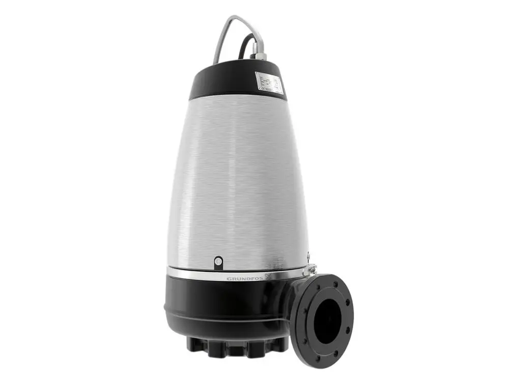 Tauchmotorpumpe von Grundfos mit einem eleganten, silbernen Gehäuse und schwarzem Boden. Geeignet für Unterwasseranwendungen mit Anschluss für Rohrleitungen.